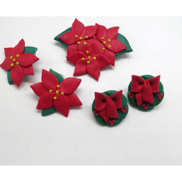Christmas Poinsettia Brooch Earring Set Handcrafted Polymer Clay 2.5" Pin Studs - Picture 1 of 9